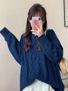 DAZY Women's Round Neck Loose Cable Knit Diamond Pattern Sweater, Sapphire Blue,Fall Clothes - Royal Blue - View 5