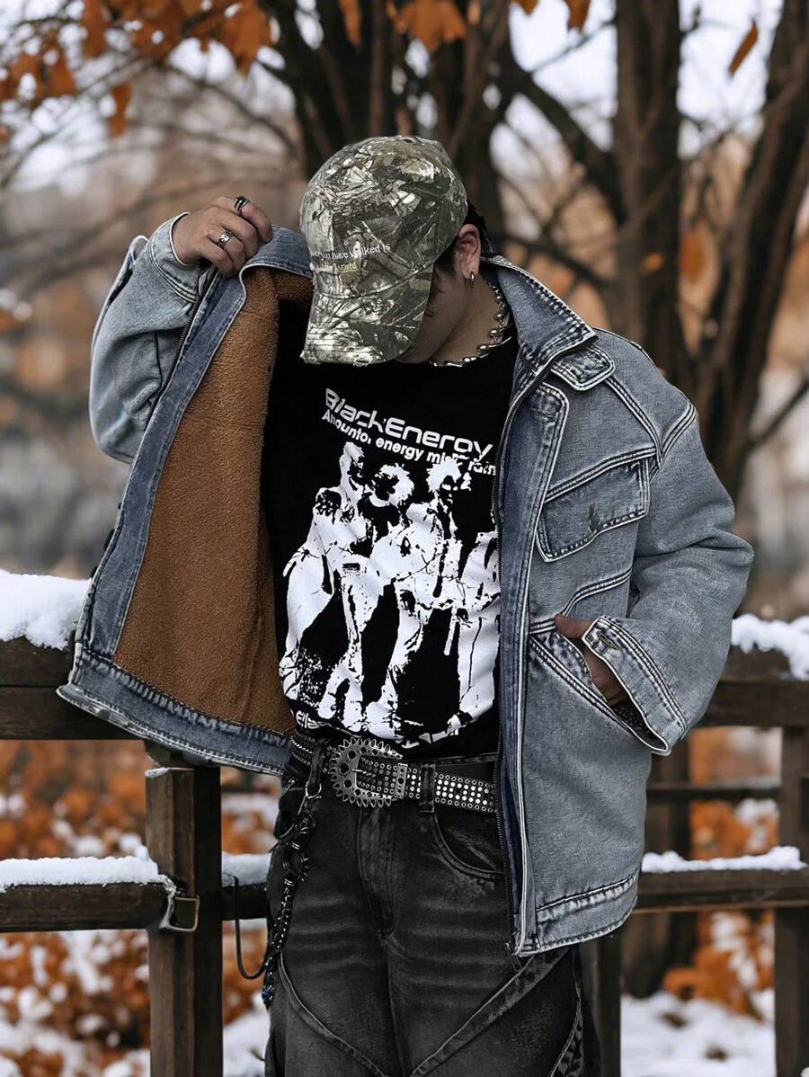 Manfinity Roghcode Áo khoác denim nam dáng rộng thoải mái có lót nhiệt, mùa thu/đông - Màu xanh lam - Xem 1