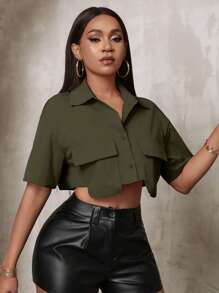 VaVaBold Camisa corta de manga corta de unicolor casual de mujer con dos bolsillos - Verde militar - Ver 4