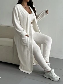 Flirla 3 piezas/Conjunto Cárdigan de punto talla grande, Felpa de borreguito marfil