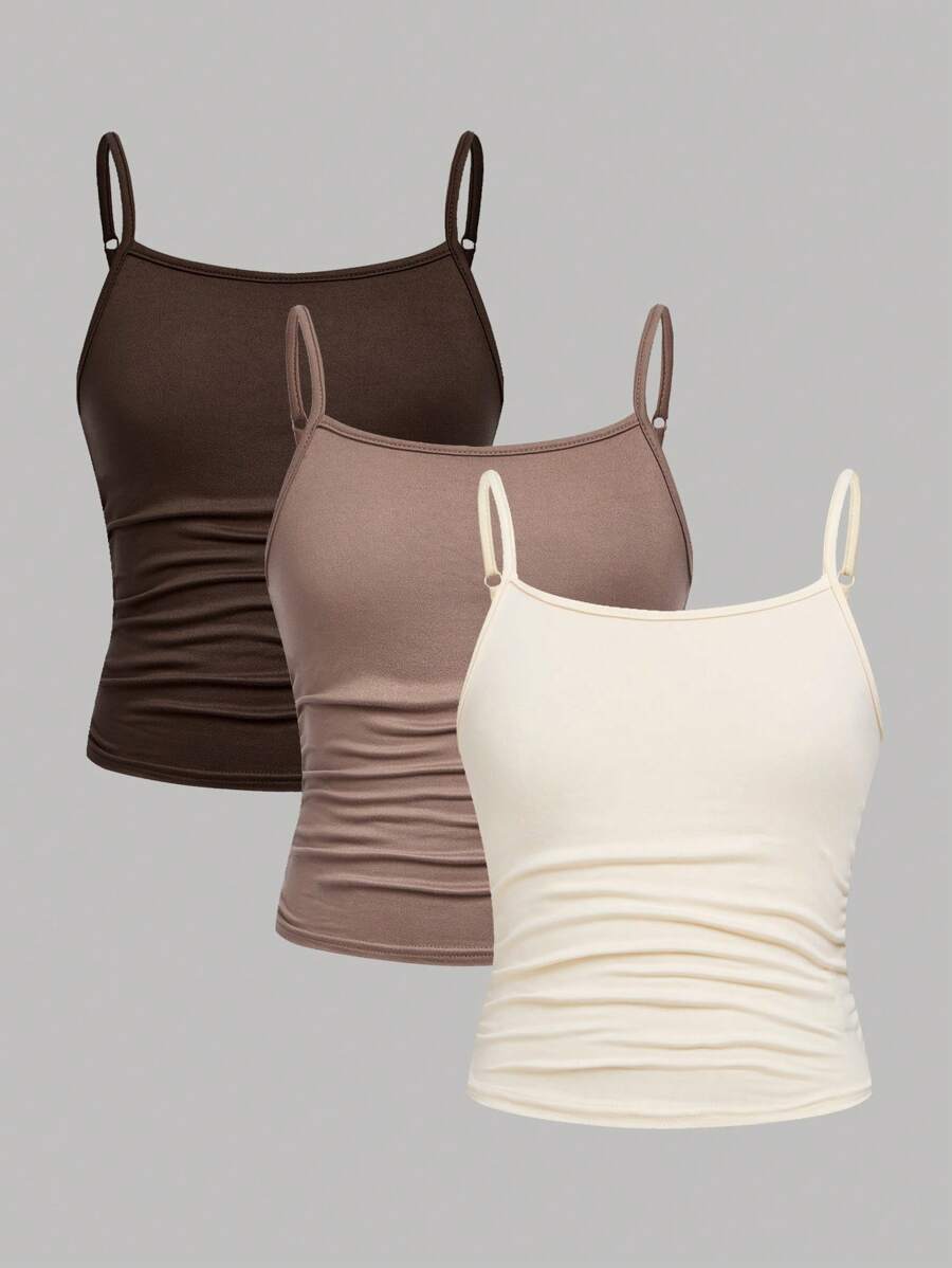 SHEIN Girlism 3 件套 Tween 女童休闲运动吊带背心基本款套装 - 棕色 - 查看 1