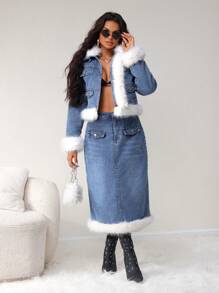 SHEIN SXY Women Casual Patched Fuzzy Hem Washed Denim A-Line Skirt, AutumnThermal Thickened Denim - Medium Wash - View 4