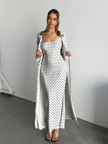 SHEIN SXY 2 件套：复古波尔卡圆点图案无袖连衣裙和超长开衫毛衣，休闲家居服，秋冬 - 彩色 - 查看 3