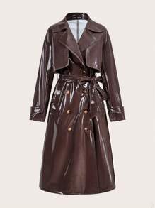 Slaydiva Women's Elegant Double-Breasted Glossy PU Trench Coat, Autumn