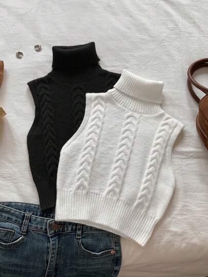 Comfortcana Solid Color High Neck Sleeveless Knit Sweater Set, Casual, Autumn/Winter