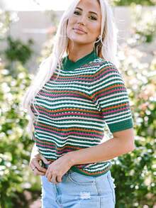 Tricou tricotat cu mânecă scurtă, la modă, casual, cu dungi, blocuri de culori, cu goluri, cu dungi - Verde - Vizualizare 3