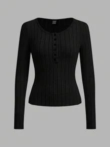 SHEIN EZwear 3 Packs Women Solid Knit Button Half Placket Long Sleeve Casual T-Shirt, Spring/Summer