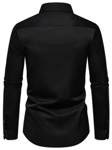 Manfinity Homme 男士休闲印花拼布长袖衬衫，秋季，优雅男士衬衫，黑色正装衬衫男士，男士长袖黑色衬衫，秋季 - 黑色 - 查看 2