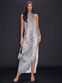 MUSERA 露背深V领长款连衣裙，优雅春夏度假派对秋季新娘单身派对婚礼长裙 - 銀色 - 查看 4