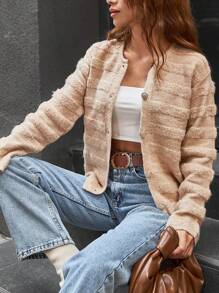 EURMUSE Cardigan With Special Pattern And Pocket Details - Brown - View 5