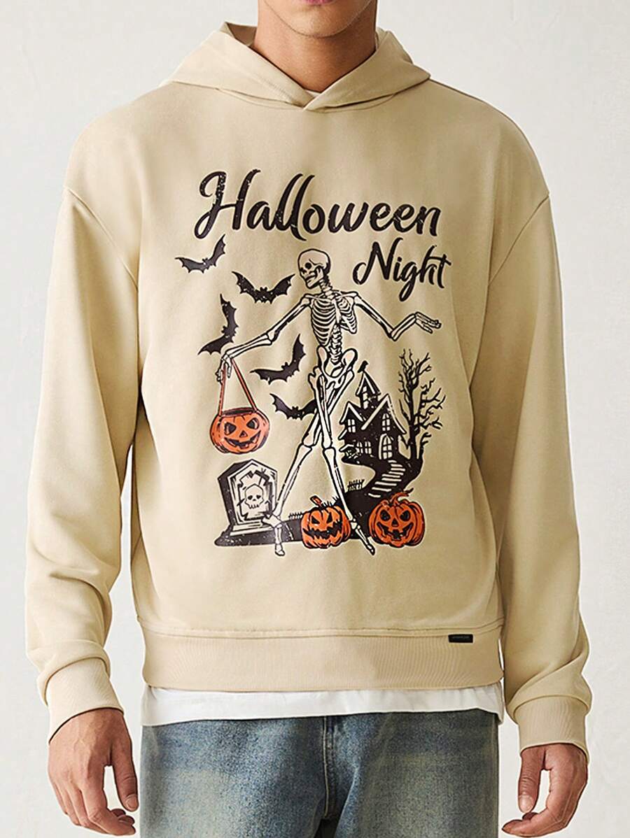 Manfinity VCAY Men's Knitted Casual Loose Fit Hooded Sweatshirt With Halloween Pattern, For Fall Winter - Khaki - View 1