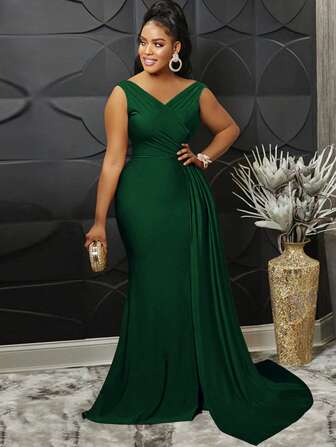 Burgundy Sleeveless V-Neck Slit Sexy & Elegant Women's Evening Gown,Party Dress,Formal,Wedding Guest