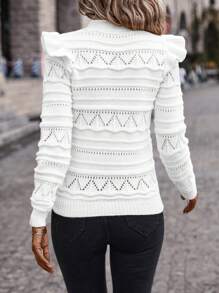 SHEIN Clasi Casual Solid Color Hollow-Out Ruffled Hem Sweater, Autumn & Winter - White - View 2