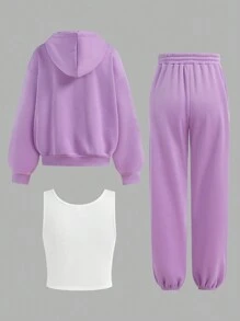 SHEIN 2pcs/Set Teen Girl Knit Solid Waffle Textured Vest Jacket & Shorts Casual Outfit