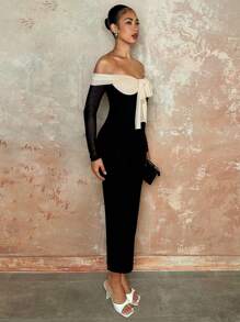 SHEIN BAE Women's Off-Shoulder Color Block Long Sleeve Dress, Autumn - Black and White - View 3