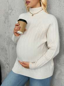 SHEIN Maternity Solid Color High Neck Raglan Sleeve Long Sleeve Casual Knit Sweater, Autumn/Winter - Apricot - View 5
