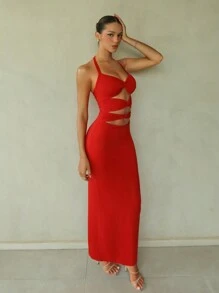 SHEIN BAE Women Sexy Halter Twist Hollow Out Form-Fitting Long Dress, Suitable For Going Out At Night, Halloween Party, Dates - Sexy Hollow Out, Cut Out