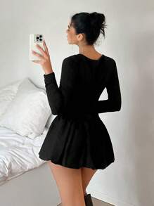 SHEIN EZwear Plus Size Floral Blouson Dress With Boat Neck And Built-In Modesty Shorts - Black - View 2