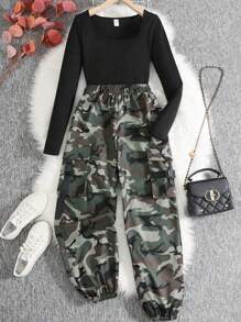 SHEIN Leap Crew 青少年女孩黑色针织方脸长袖短款上衣和迷彩工装口袋抽绳踝裤 2 件套 - 軍綠色 - 查看 3