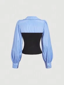 SHEIN MOD 女士秋季灯笼袖条纹印花二合一系带衬衫 - 淺藍色 - 查看 2