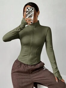 SHEIN EZwear Light Military Green Knit Women's Long Sleeve Zip-Up Jacket, Sun Protection In Fall/Winter