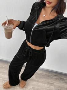 SHEIN EZwear 2 件天鹅绒长袖前拉链连帽夹克和裤子套装，休闲装 - 黑色 - 查看 3