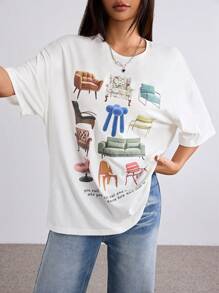 SHEIN EZwear 休闲纯色针织前中心印花圆领短袖宽松女式 T 恤 - 白色 - 查看 1