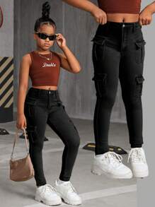 SHEIN Tween Girl 的 Y2K 黑色弹力高腰工装牛仔裤，配有多个口袋，Tween Girl 秋季返校街头装牛仔裤 - 黑色 - 查看 1