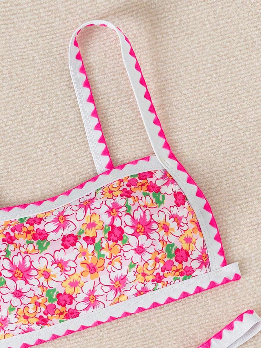 Floral Print Halter Sexy Swimsuit Set With Shell Trim Design, For Women