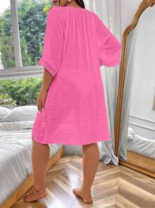 Swim Lushoire Plus Size Solid Color Drawstring Loose Comfortable Cover Up Summer - Pink - View 2