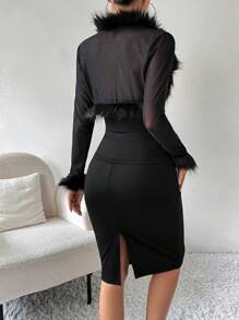 Firerie 3pcs Women Set: Black Feather Patchwork Jacket, Tube Top And Mini Skirt