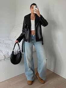 SHEIN EZwear 新款复古休闲黑色蓬松衬里宽松皮夹克，秋冬 - 黑色 - 查看 3