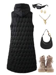 1 件青少年女孩几何褶皱加厚连帽无袖中长休闲加厚保暖加厚外套，秋冬 - 黑色 - 查看 2