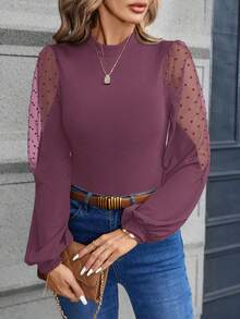 SHEIN Clasi 1 件女士纯色立领网眼拼接优雅长袖紧身衣 - 藕粉色 - 查看 6