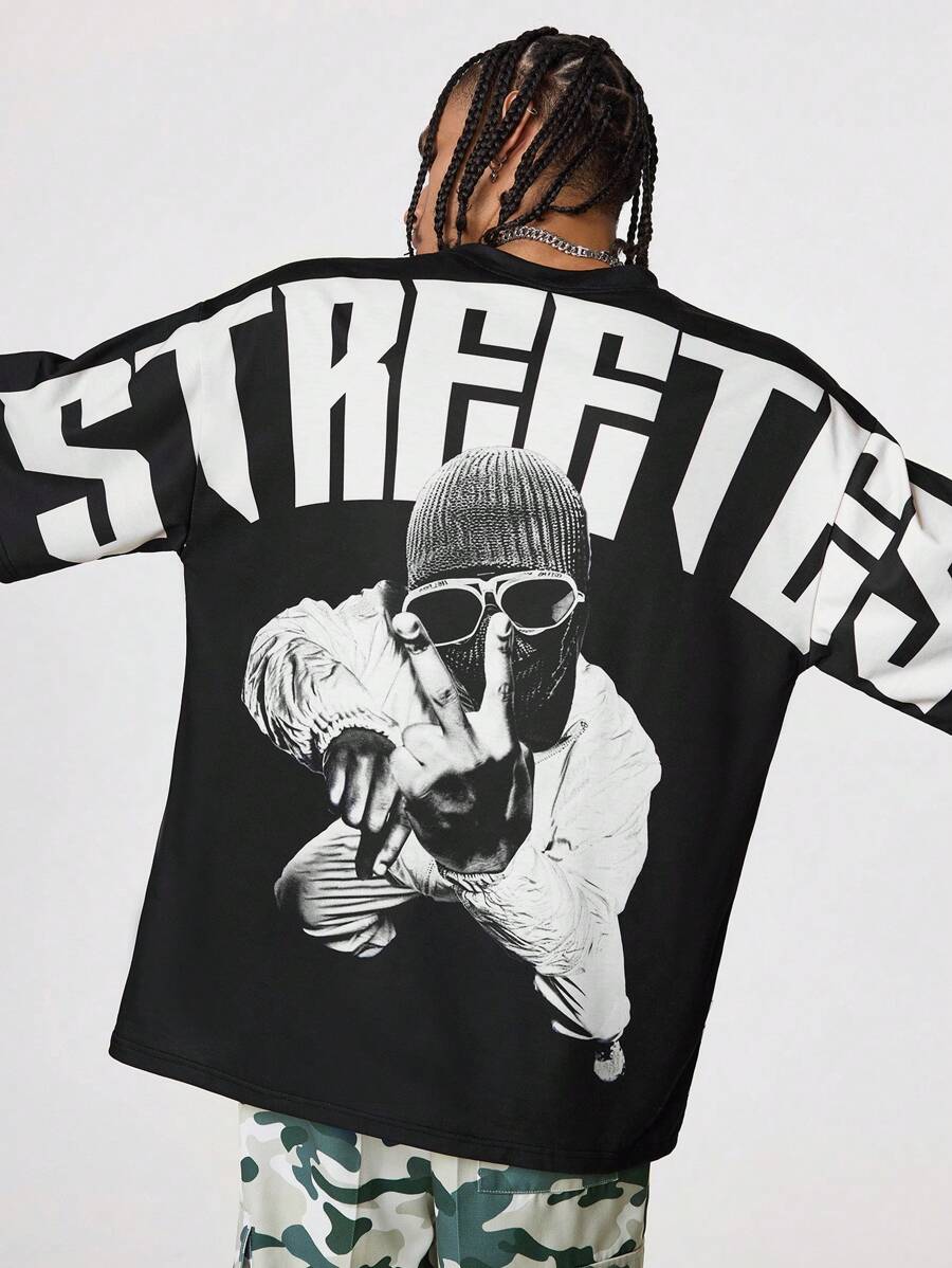 AXEPEAK 男士宽松圆领数码印花短袖针织T恤，夏季，街头风格 - 黑與白 - 查看 1