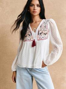 Poéselle Embroidery Fringe Detail Peplum Blouse - White - View 2