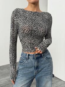 SHEIN EZwear 女士新款豹纹露背长袖修身 T 恤 - 灰色 - 查看 4