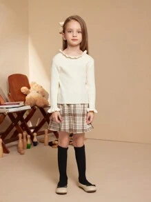 SHEIN 女童纯色荷叶边长袖休闲针织衫，秋冬季 - 白色 - 查看 5