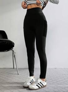 SHEIN EZwear 女士休闲运动纯色高腰侧手机口袋紧身裤 - 黑色 - 查看 6