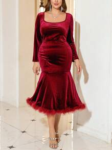 SHEIN Clasi فستان سهرة أنيق مقاس كبير، فستان مخمل أحمر بتصميم الحورية للمناسبات الرسمية، مهرجان، كرنفال - عنابي اللون - مشاهدة 5