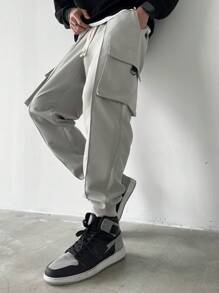 Claim Dot Men's Solid Color Drawstring Waist Cargo Pocket Tapered Leg Casual Pants - Light Grey - View 3