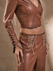 MUSERA WESTERN Lace Up Side Straight Leg Trousers Boho Summer Cute Festival Party Club Chic Elegant - Brown - View 5