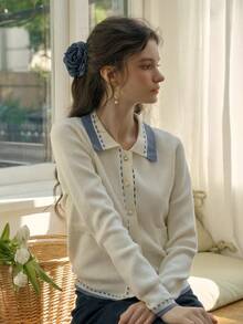 Simple Retro Áo len cardigan cổ tim cài nút màu dành cho nữ - Màu be - Xem 6