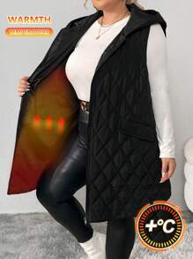 SHEIN CURVE+ 大码翻盖口袋连帽绗缝背心外套，适合冬季 - 黑色 - 查看 1