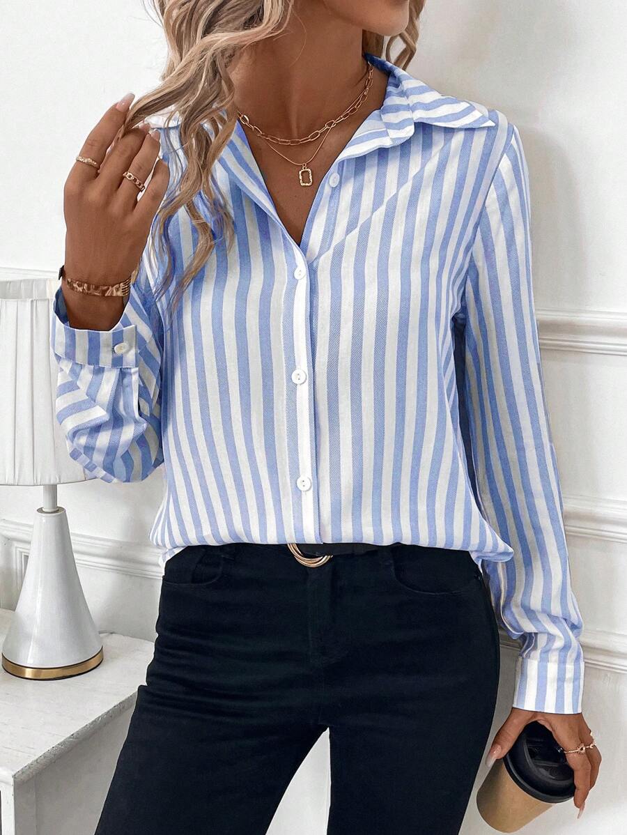 SHEIN Clasi Áo sơ mi công sở thanh lịch cho nữ - Xanh và trắng - Xem 1