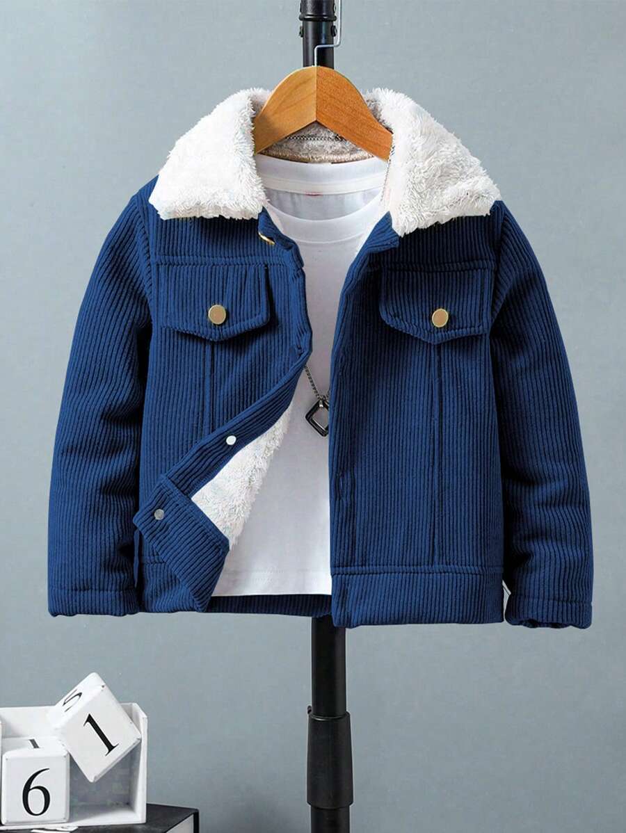 SHEIN 年轻男孩休闲日常保暖衬里前扣立领夹克，秋冬季保暖 - 寶藍色 - 查看 1