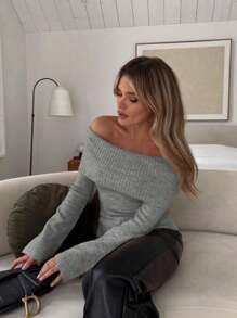 RosyDaze Autumn/Winter New Fashionable Solid Color Rectangular Off Shoulder Sweater Top Knit Pullover Fall Outfit - Dark Grey - View 5