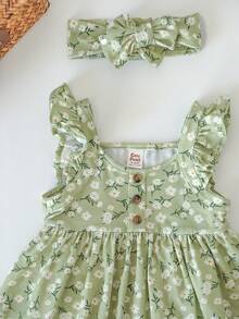 Cozy Pixies 女婴花卉印花圆领荷叶边下摆收腰短袖茶会连衣裙