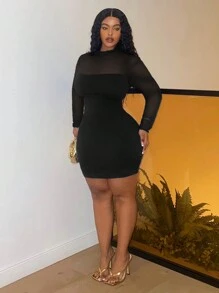 Slaydiva Vestido corto de manga larga con cuello alto falso, contraste de malla y ajuste elegante y estilizado en talla grande - Azul - Negro - Ver 5