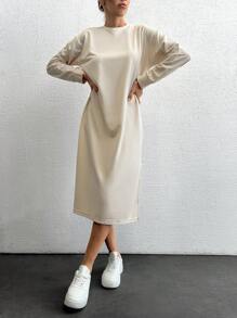 RueChic Solid Split Hem Sweatshirt Dress - Beige - View 5